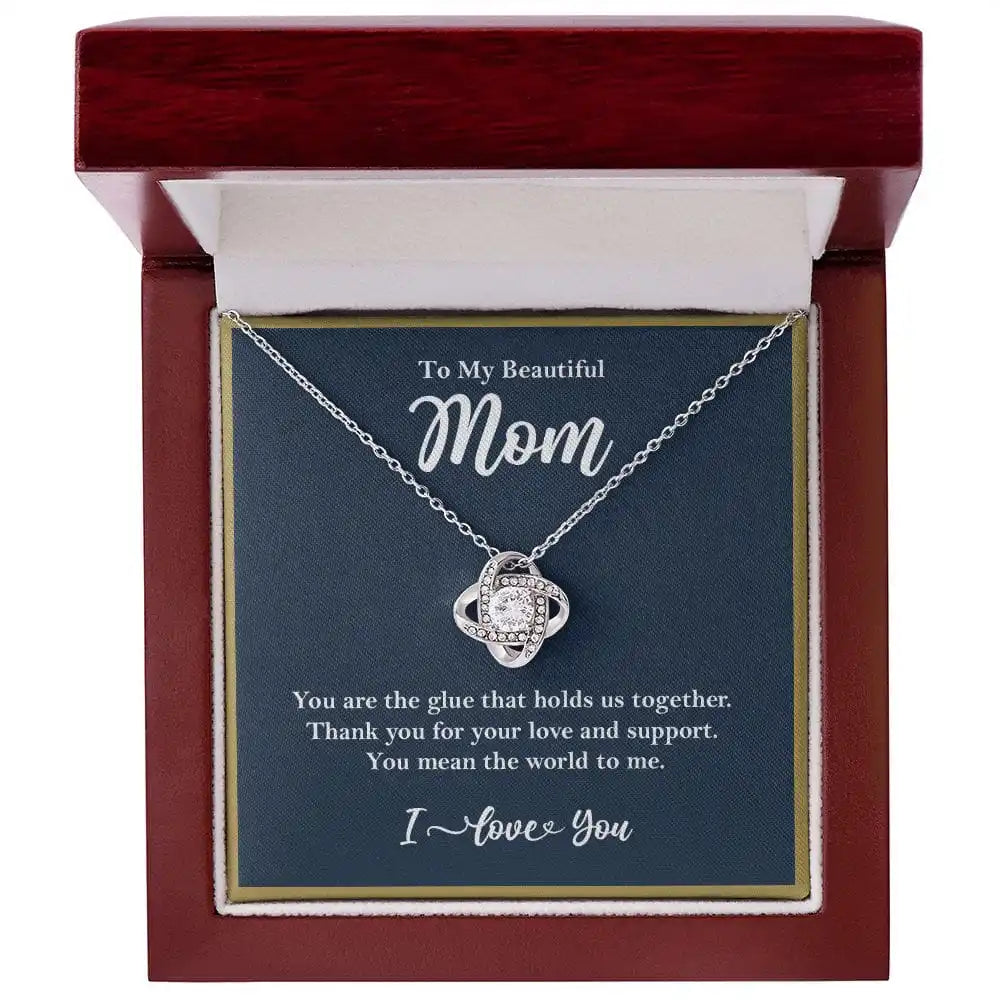 "To My Beautiful Mom" Love Knot Crystal Necklace