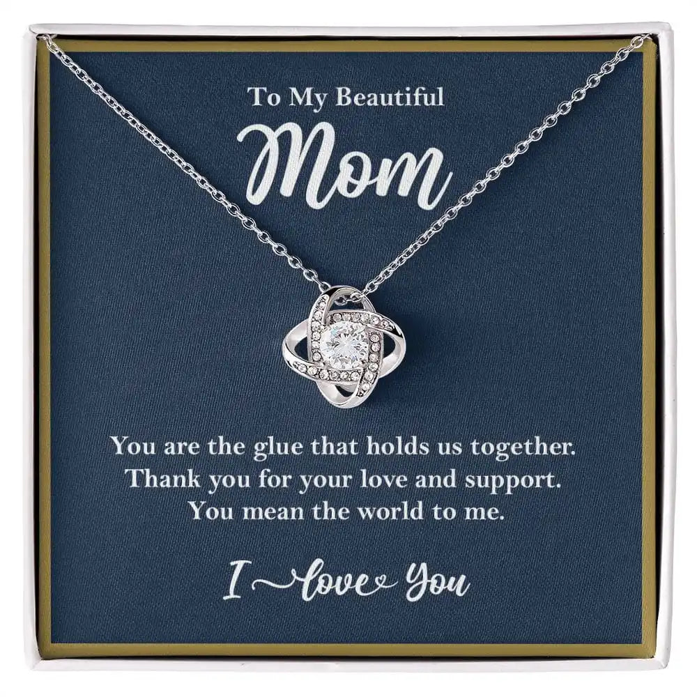 "To My Beautiful Mom" Love Knot Crystal Necklace