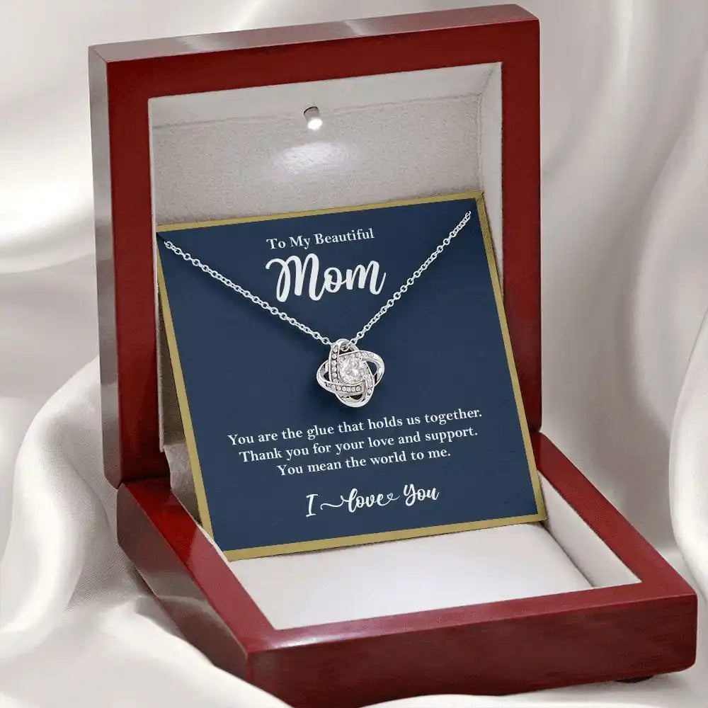 "To My Beautiful Mom" Love Knot Crystal Necklace